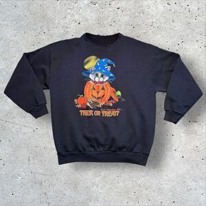 Vintage Halloween Cat Pumpkin Sweatshirt Trick Or Treat Black Crewneck Sz L